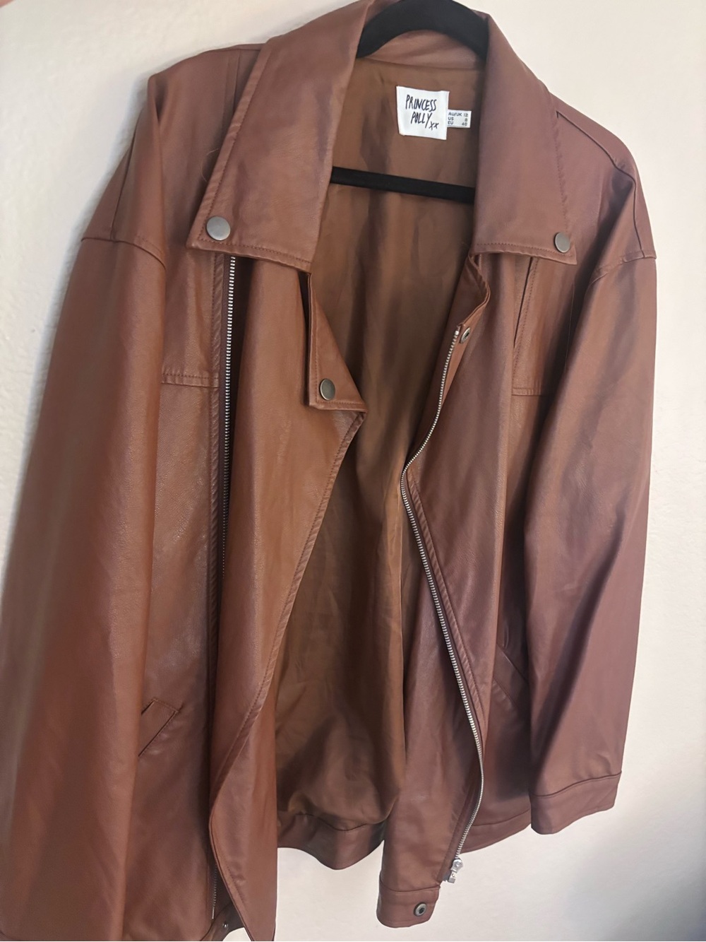 Princess Polly Brown Faux Leather Moto Jacket in Chestnut Brown Oversized Size 8
